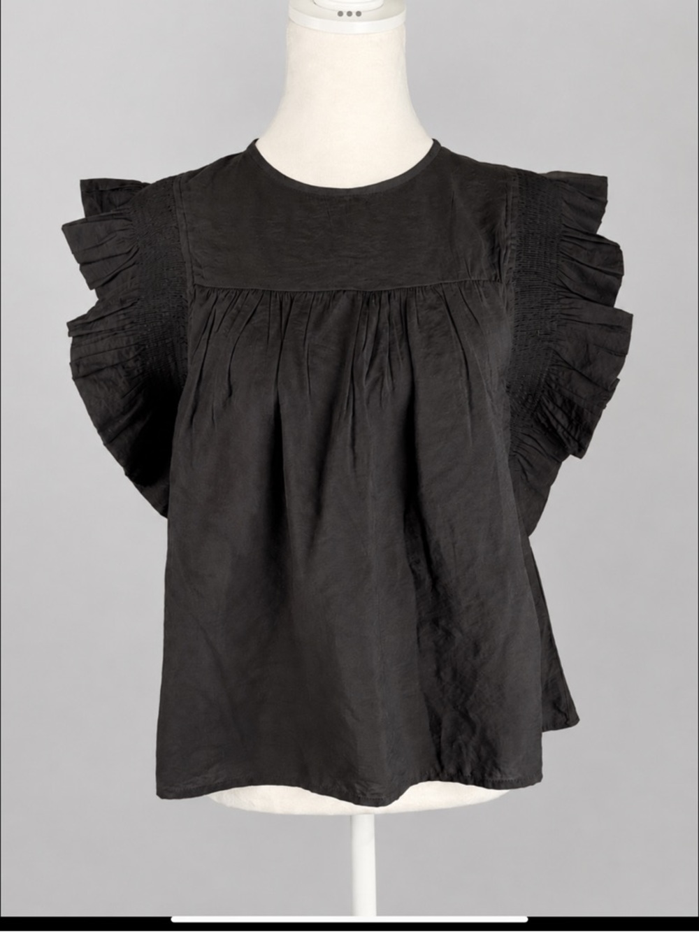 Black Smocked Ruffle Sleeve Blouse Parisian Chic Romantic Top English Factory S